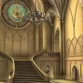Historic Ancient Architecture Interior Featuring Vaulted Ceiling Stained Glass Window Carved Walls And Staircases