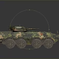 Military Wheeled Tank With Camouflage Paint Turret And Communication Antenna On Gray Background