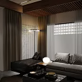 Modern Living Room Interior Design With Wooden Ceiling LED Lights Dark Sofa And Decorative Art