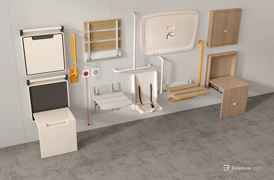 Modern Wall Mounted Bathroom Assistive Devices With Wooden White Grab Bars Shelves And Seats 3d model 