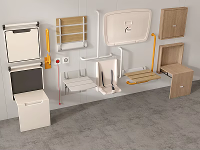 Modern Wall Mounted Bathroom Assistive Devices With Wooden White Grab Bars Shelves And Seats 3d model