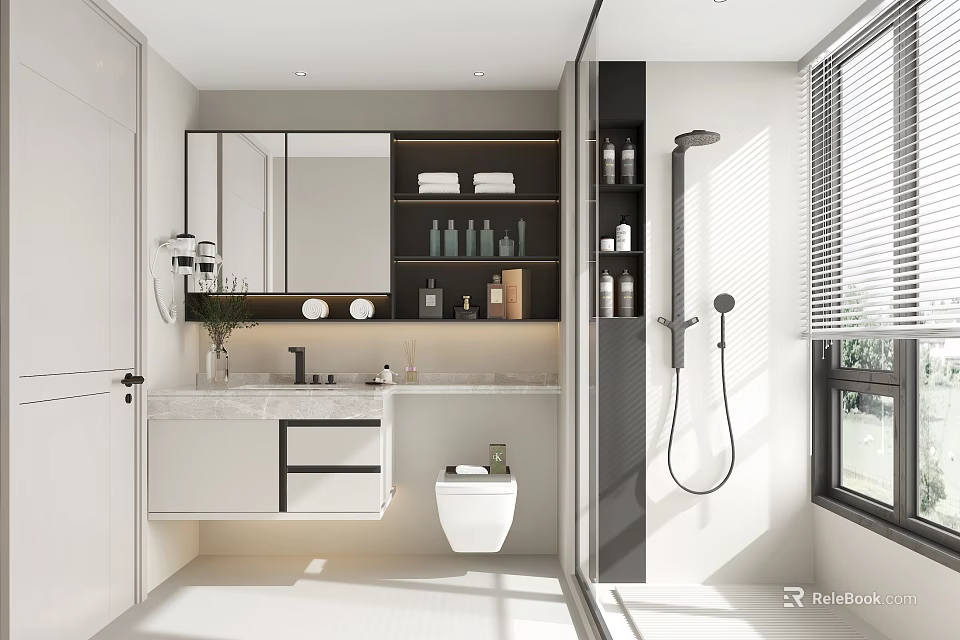 Modern Bathroom Interior With Large Mirror Floating Vanity Toilet And Shower System 3d model 