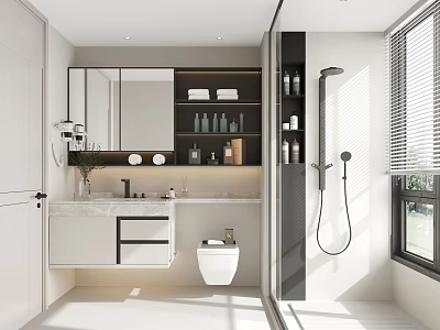 Modern Bathroom Interior With Large Mirror Floating Vanity Toilet And Shower System 3d model