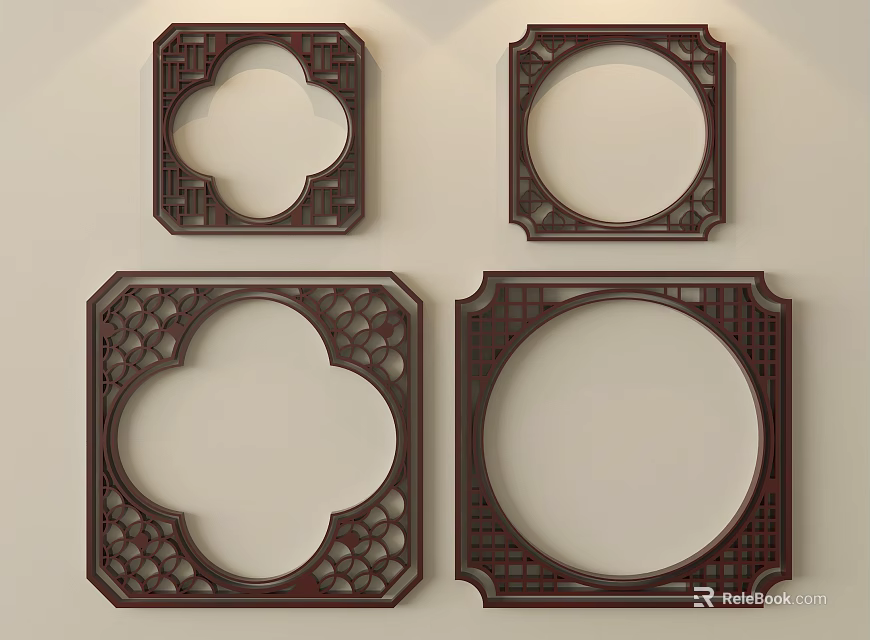 Chinese Style Dark Brown Carved Wooden Decorations With Circular And Clover Shapes On Light Wall 3d model 
