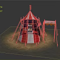 Red and white striped tent featuring decorative spire golden patterns and adjacent canopy on grass