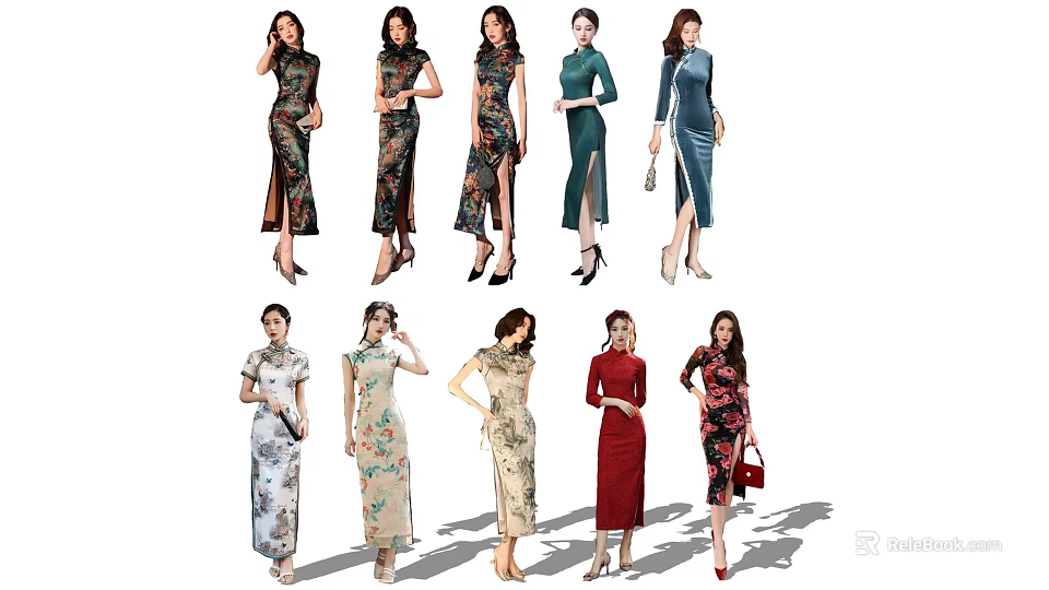 Multiple Women Wearing Traditional Cheongsam Dresses In Various Colors And Styles 3d model