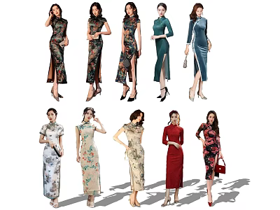 Multiple Women Wearing Traditional Cheongsam Dresses In Various Colors And Styles 3d model
