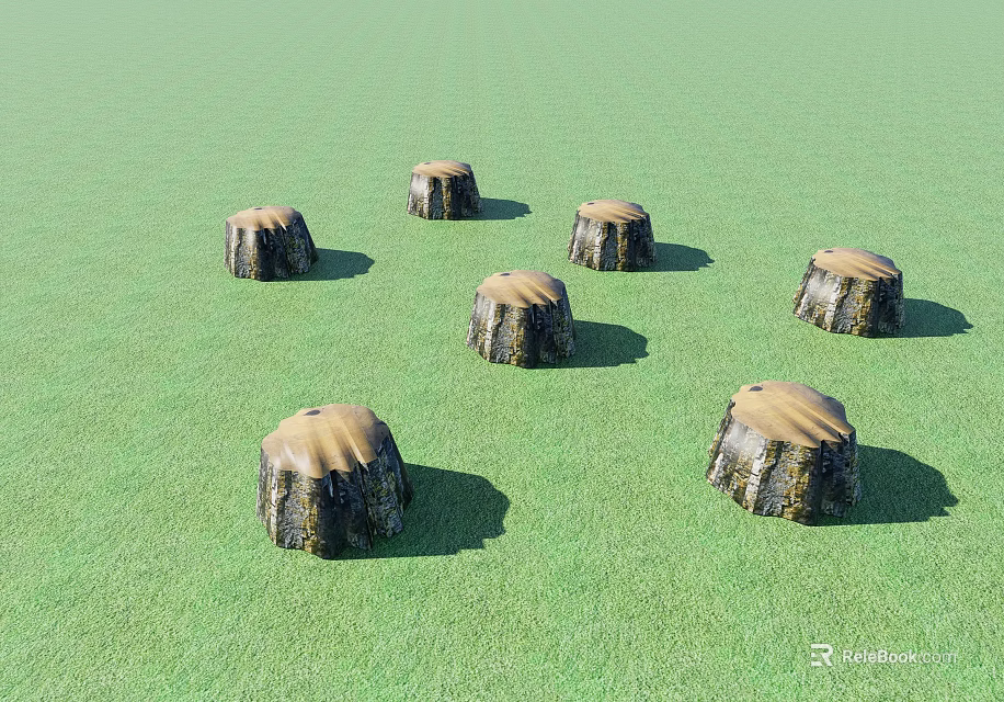 Six Tree Stumps With Light Colored Tops On Green Grass Field 3d model
