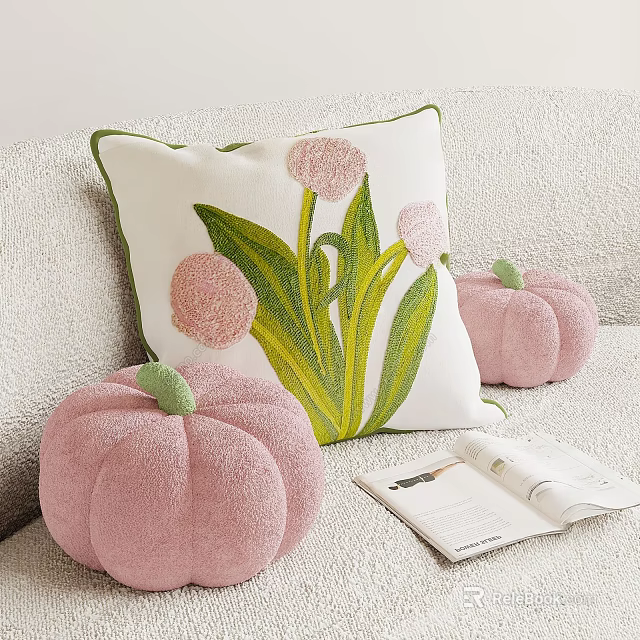 Decorative Throw Pillow With Pink Flowers Green Leaves And Pink Pumpkin Cushions On Light Sofa 3d model 
