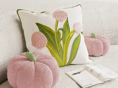 Decorative Throw Pillow With Pink Flowers Green Leaves And Pink Pumpkin Cushions On Light Sofa 3d model