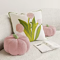 Decorative Throw Pillow With Pink Flowers Green Leaves And Pink Pumpkin Cushions On Light Sofa