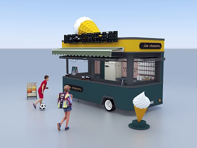 Vibrant Ice Cream Truck with Large Cone Awning and Kids Around 3d model