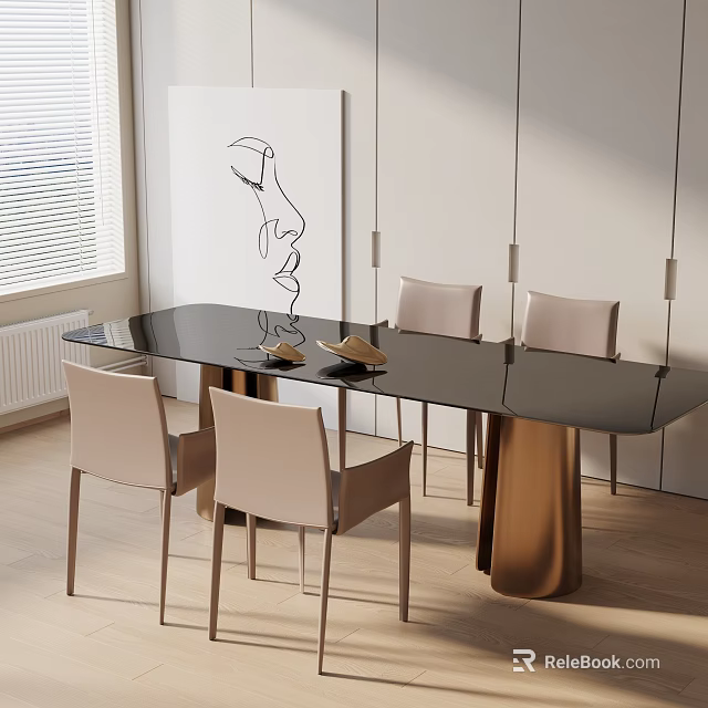 Modern Minimalist Dining Table Set With Black Glass Top Gold Legs And Light Chairs 3d model 