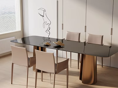 Modern Minimalist Dining Table Set With Black Glass Top Gold Legs And Light Chairs 3d model