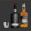 Various Colored Alcohol Bottles with Elegant Whiskey Glass on Dark Reflective Surface