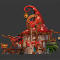 Fairy Tale Mushroom Building with Vibrant Red Roof Small Windows Wooden Door and Decorative Lanterns