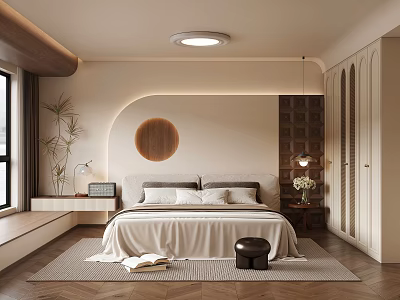 Modern Bedroom Interior With Comfy Bed Wooden Circular Decor Round Ceiling Light Plant And Rug 3d model