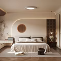 Modern Bedroom Interior With Comfy Bed Wooden Circular Decor Round Ceiling Light Plant And Rug
