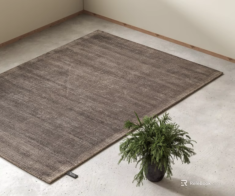 Brown Woven Square Rug On Gray Indoor Floor With Green Potted Plant 3d model 