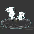 Cartoon Characters Wearing White Hats Standing On White Circular Platform Against Gray Background