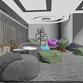 Cozy Indoor Lounge With Colorful Bean Bags Green Purple Gray Carpet Bookshelf And Ceiling Lights