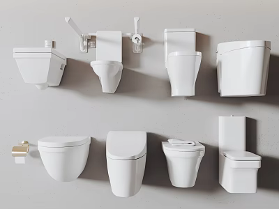 Various White Toilet Designs Including Wall Mounted And Floor Standing Models 3d model