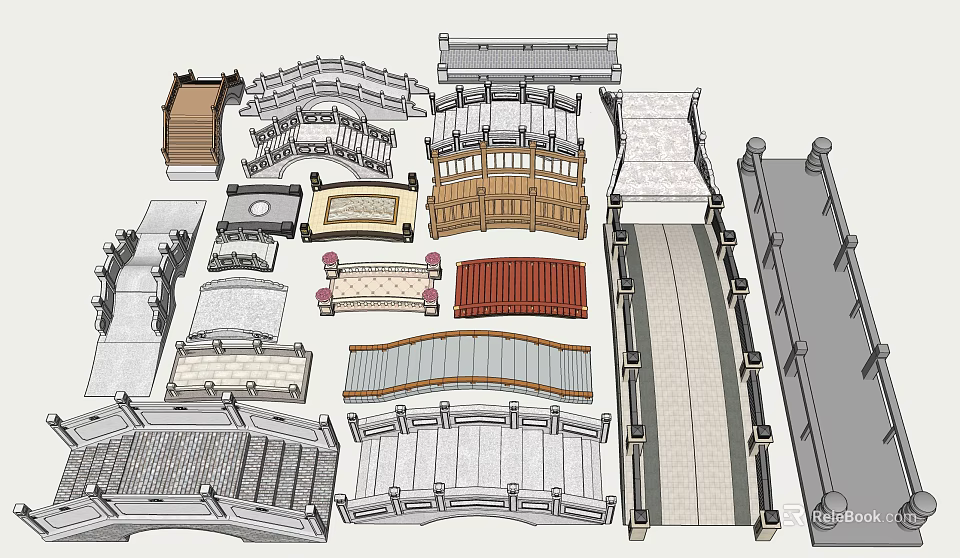 Various Landscape Bridge Designs Featuring Wooden Arched And Stone Flat Structures 3d model