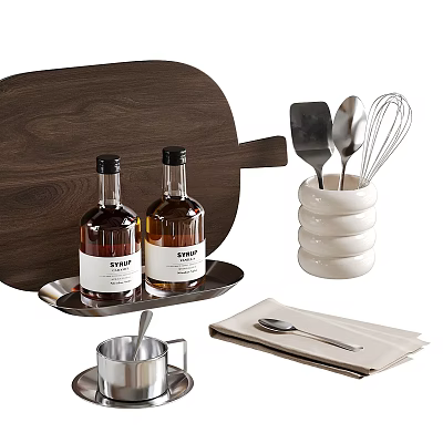 Elegant Tableware Combination With Wooden Tray White Container Metal Cup And Utensils 3d model