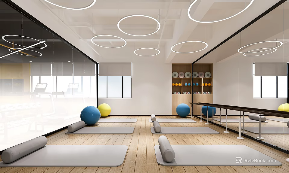 Fitness Studio With Yoga Mats Exercise Balls Mirrors And Wooden Flooring 3d model 