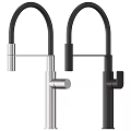 Two Modern Sleek Kitchen Faucets In Black And Silver With Tall Arch Design