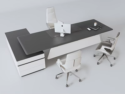 Modern Office Desk Setup With Black Desktop White Chairs And Storage Drawers 3d model