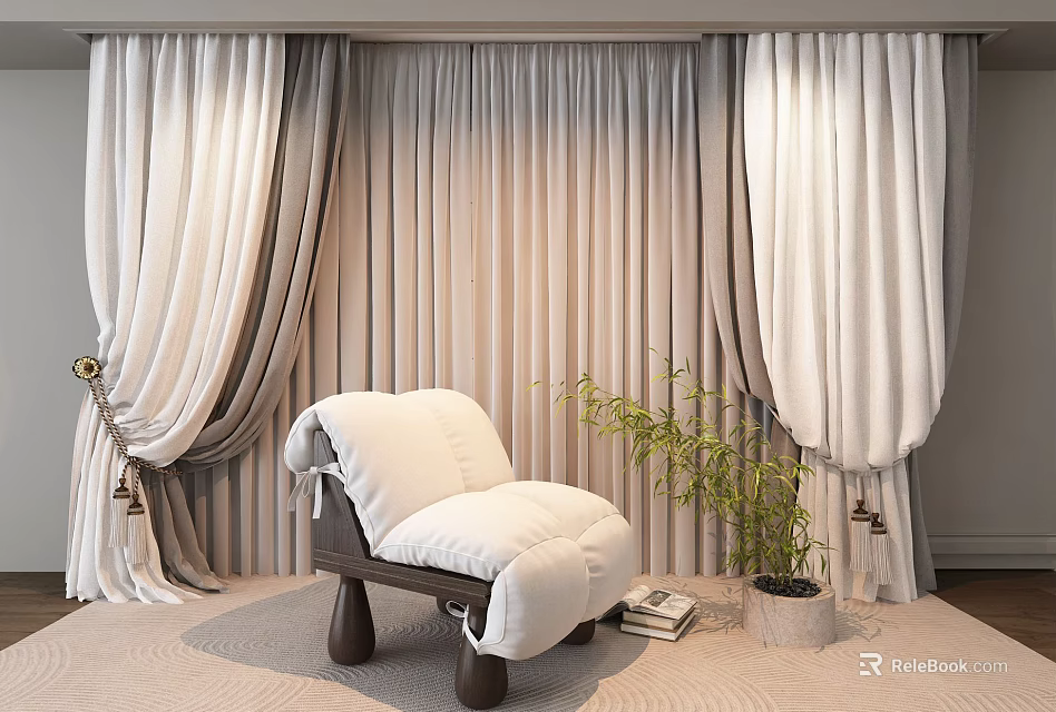 Elegant Light Colored Curtains In Living Room With White Chair And Green Plant 3d model 