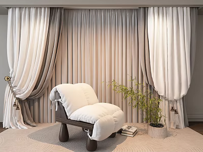 Elegant Light Colored Curtains In Living Room With White Chair And Green Plant 3d model