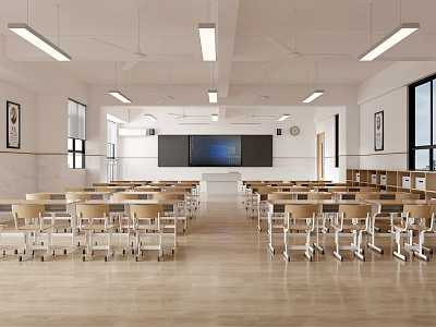 School Classroom With Organized Desks Smart Blackboard And Bright Lighting 3d model