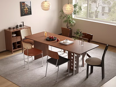 Modern Wooden Dining Table And Chairs Set With Pendant Lights Decorative Plants 3d model