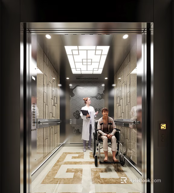 Hospital Elevator Interior With Medical Staff And Patient In Wheelchair 3d model 