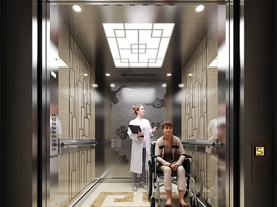 Hospital Elevator Interior With Medical Staff And Patient In Wheelchair 3d model