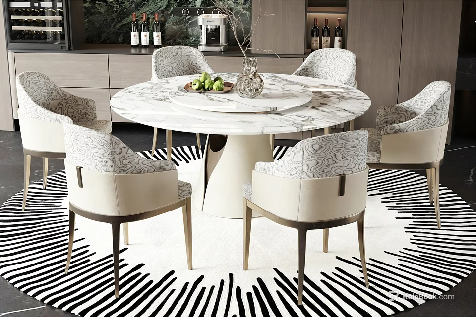 Round Marble Dining Table Set With Six White Patterned Gold Leg Chairs And Striped Rug 3d model 