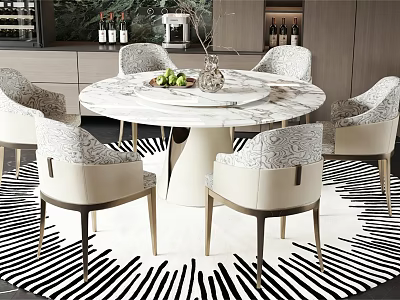 Round Marble Dining Table Set With Six White Patterned Gold Leg Chairs And Striped Rug 3d model