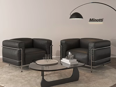 Modern Black Leather Armchair with Glass Coffee Table and Floor Lamp in Living Room 3d model