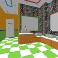 Public Restroom With Child Friendly Design Colorful Striped Walls And Green White Checkered Floor