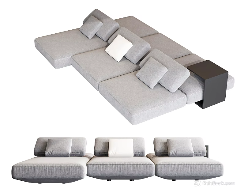Modern Modular Three Seater Sofa In Gray Fabric With Comfortable Soft Cushions 3d model