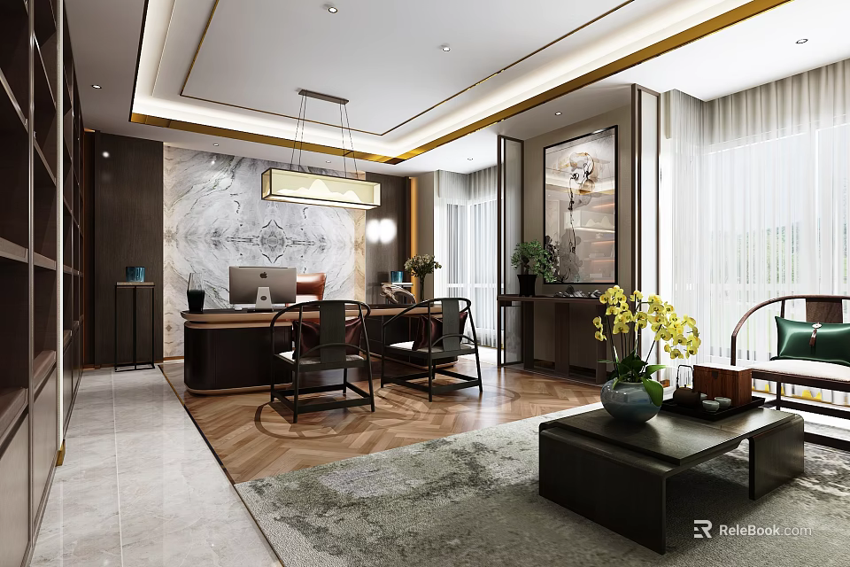 Modern Office Interior Design With Wooden Desk Chairs Pendant Light Artwork And Area Rug 3d model 