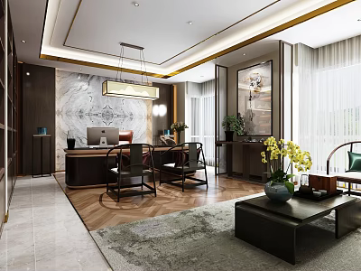 Modern Office Interior Design With Wooden Desk Chairs Pendant Light Artwork And Area Rug 3d model