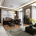 Modern Office Interior Design With Wooden Desk Chairs Pendant Light Artwork And Area Rug