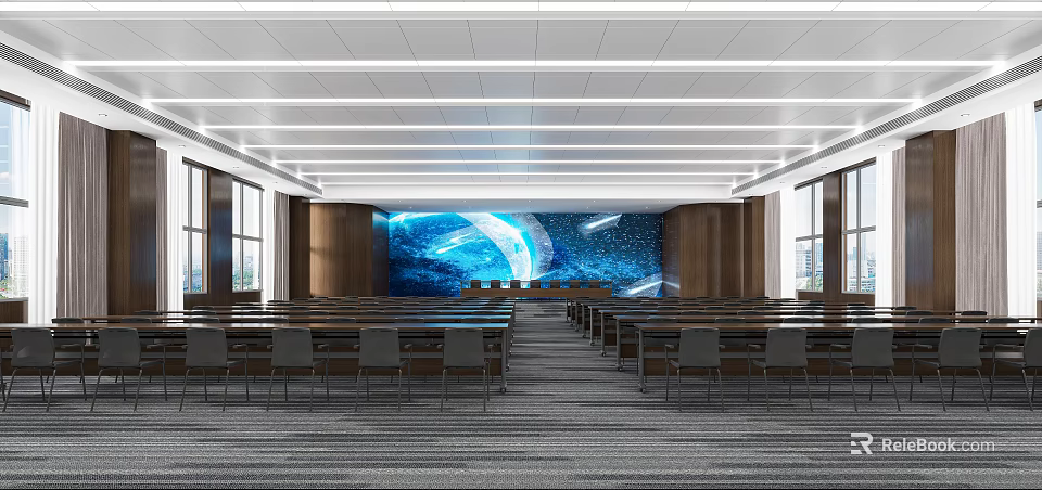 Modern Conference Room Interior With Large Screen Wooden Panels And Arranged Seats 3d model 