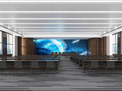 Modern Conference Room Interior With Large Screen Wooden Panels And Arranged Seats 3d model