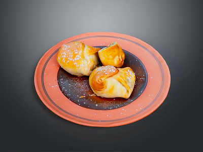 Delicious Golden Pastries on Orange Plate Topped with Powdered Sugar and Dark Background 3d model