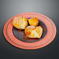 Delicious Golden Pastries on Orange Plate Topped with Powdered Sugar and Dark Background