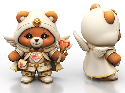 Cute Bear Doll With White Outfit Golden Accents Wings And Heart Shaped Magic Wand 3d model